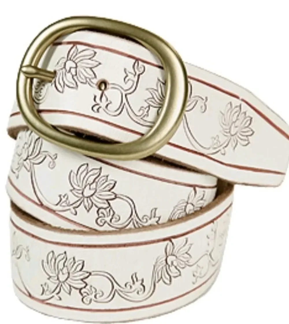 Lucky Brand Chimaera Scored Leather Belt Womens 30 White Brass Buckle Floral